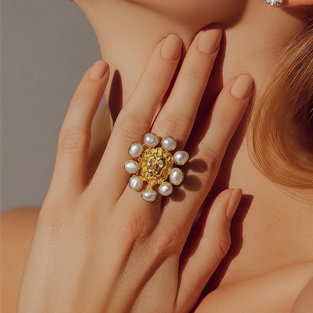 Lion Gold and Pearl Motif Statement Ring